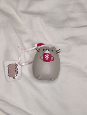 Pusheen Gray Cat Ornament with Red Mug and Pink Hat Accent